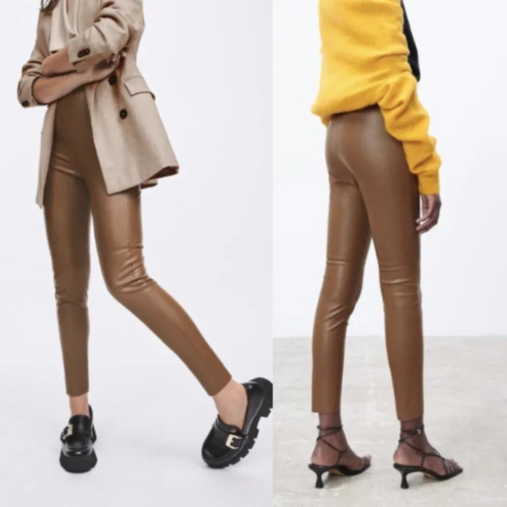 Zara High Waisted Faux vegan Leather Leggings brown tan 29131